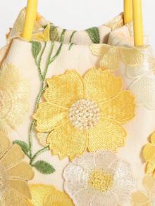 1pc Yellow 3D Applique Mesh Embroidered Floral Pattern Bucket Bag Women's Handbag Suitable For Casual Vacation (Floral Pattern Randomly Cut And Distributed) - Yellow - View 5