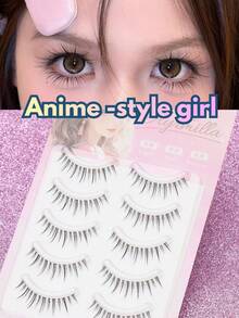 5 Pairs Cartoon Style False Eyelashes, Natural Soft Lashes, Transparent Plastic Band, Demon & Fairy Styles - Black - View 1