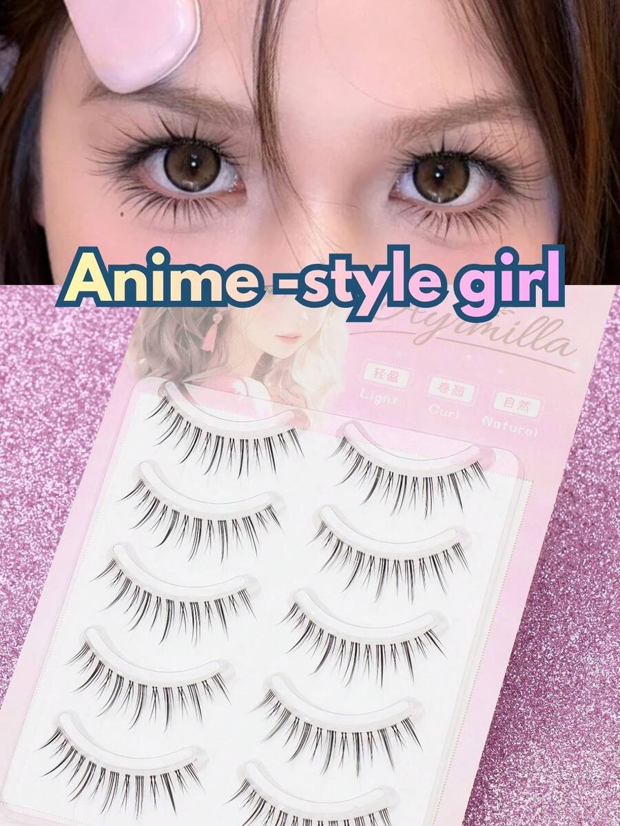 5 Pairs Cartoon Style False Eyelashes, Natural Soft Lashes, Transparent Plastic Band, Demon & Fairy Styles - Black - View 1