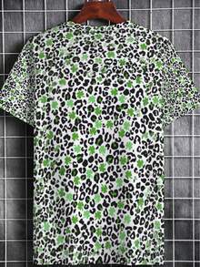 Men's Casual T-Shirt With Green Leopard Graphic Print, Short Sleeves, Comfortable Fit For Casual Wear, Ideal For Outdoor Leisure Activities - 黑色 - 查看 3