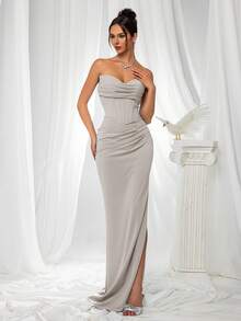 VIPGIRL Elegant Women's Strapless Backless Maxi Dress, Slit Design, Zipper Style, Suitable For Party Or Formal Occasions - Light Grey - View 3