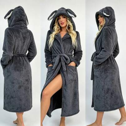 1pc-Cute Bunny Ear Hooded Plush Bathrobe, Fluffy Fleece Wrap Loungewear, Belted Warm Winter Sleep Robe With Side Pockets
