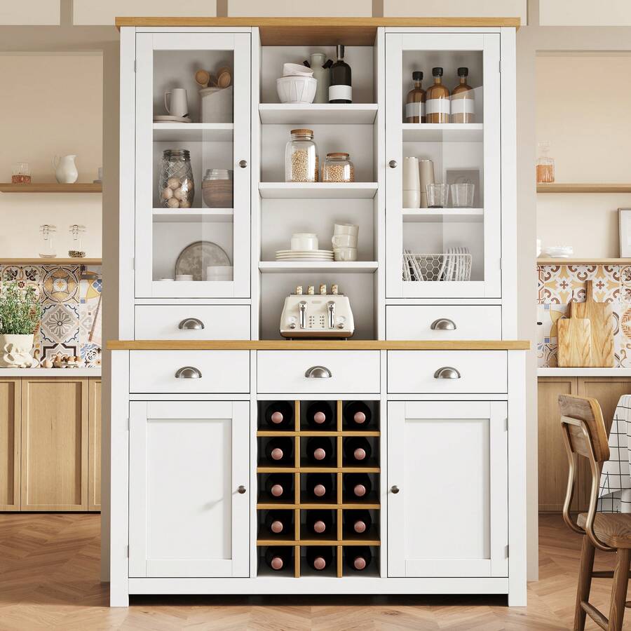 Multifunctional Cabinet With Anti-Tip Lock, Stand Cabinet For Kitchen And Living Room With Glass - 白色 - 查看 1