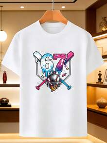 Boys' T-Shirt With A Simple "Baseball No. 67 Graffiti" Print Design, Inspired By American Baseball Culture And Retro Sportswear Style. It's A Comfortable And Casual Garment. - 灰色 - 查看 7
