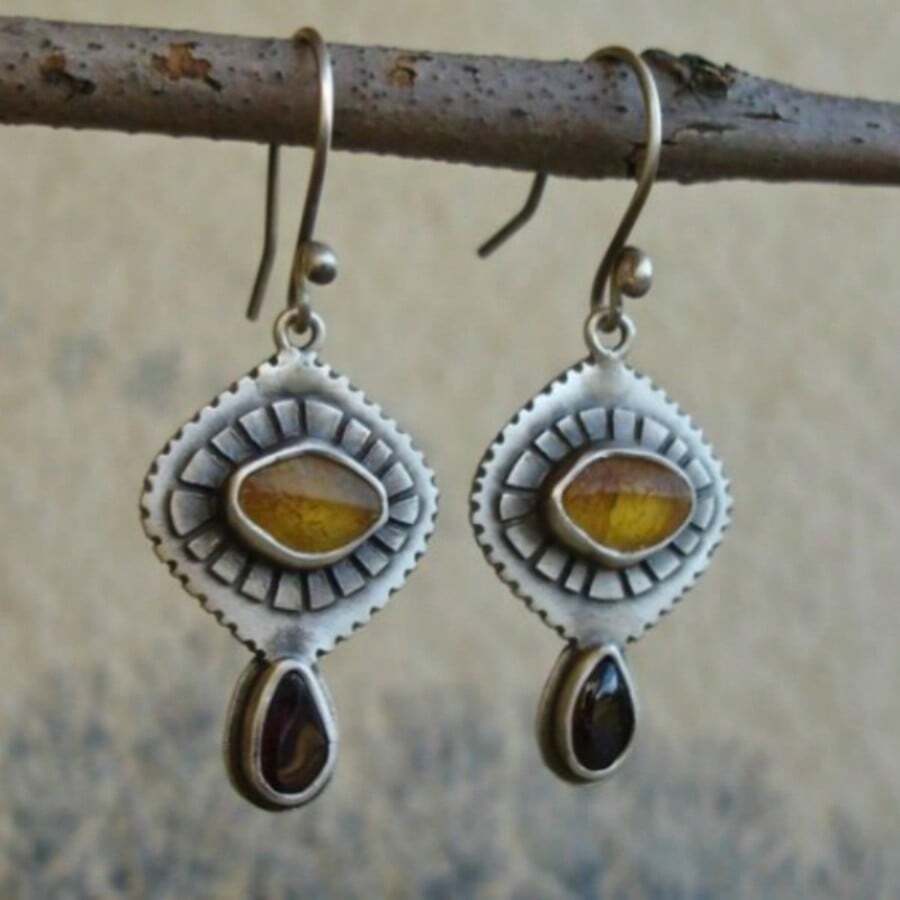 Bohemian Rhombus Dangle Earrings, Vintage Pattern Hook Design, Western Retro Style, Versatile For Daily Wear And Parties - Silver - View 1