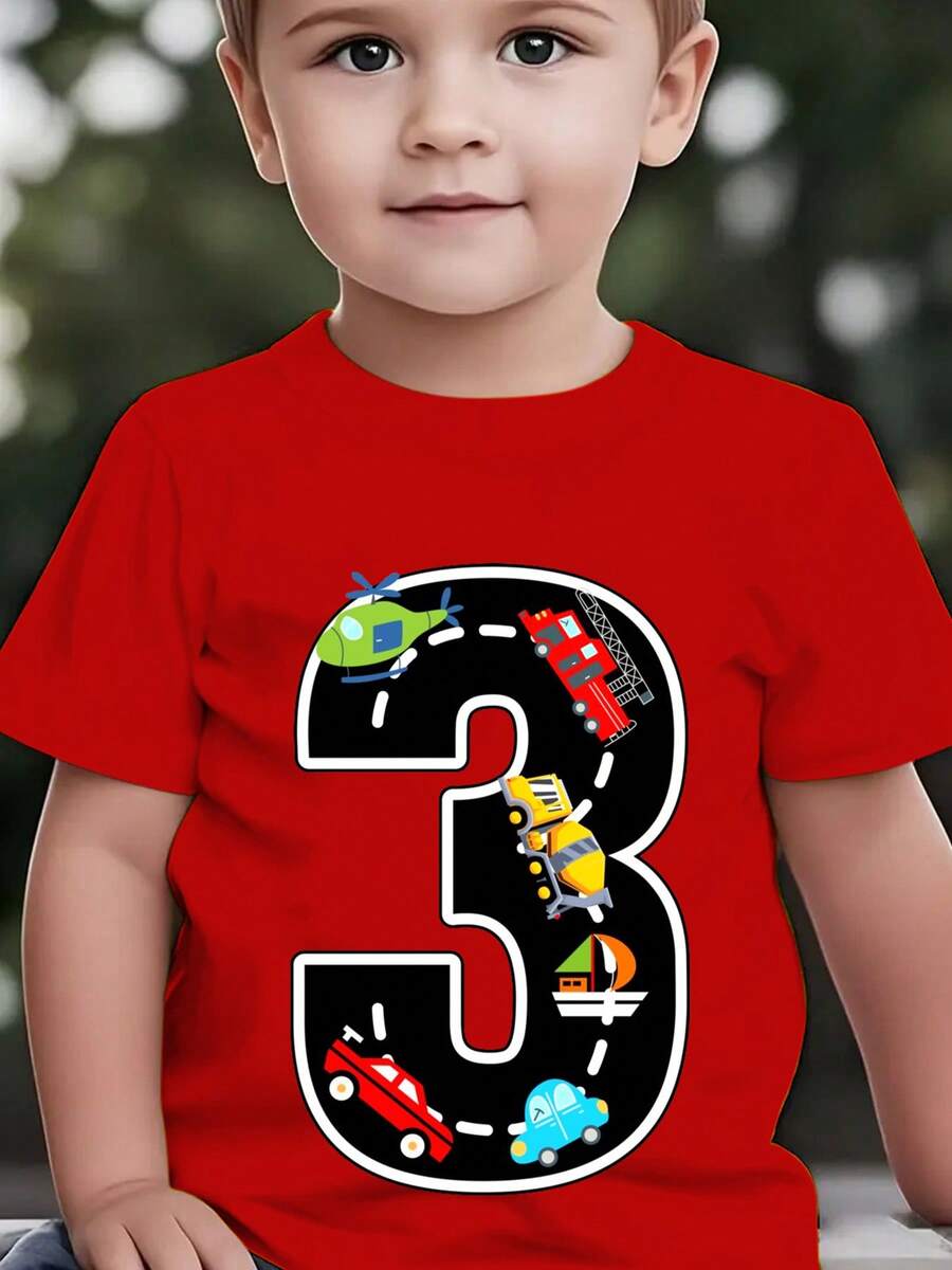 Fashionable Short-Sleeved T-Shirt For Children In Summer With Cartoon Prints Of The Number 3, Cars, Helicopters, Boats, Etc. Casual Outdoor Top NY-DX9726 - 紅色 - 查看 1