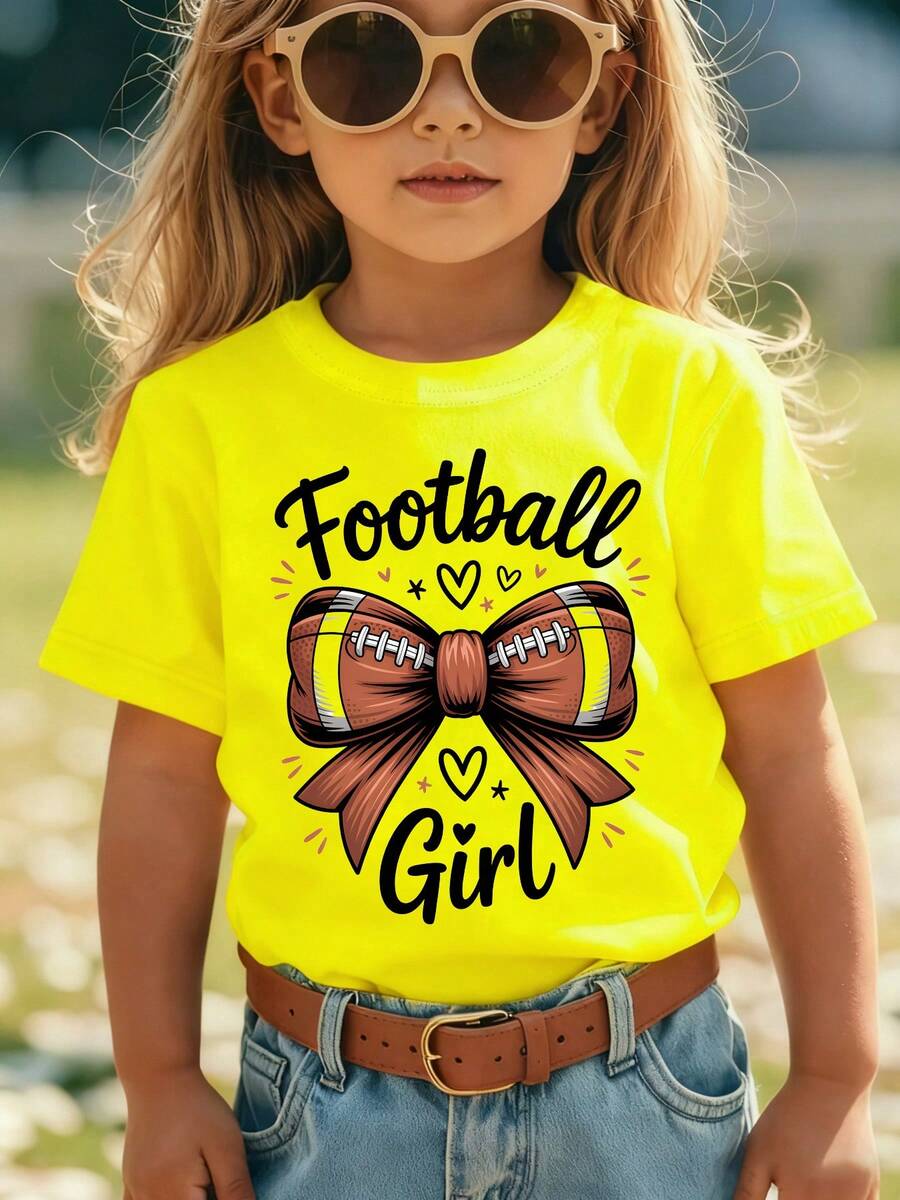 Girls' Short-Sleeved T-Shirt, Summer Style, With "Football Girl" Inscription, Rugby , Bow Print, Versatile Casual Top NY-DX9381 - Hijau Tentara - View 1