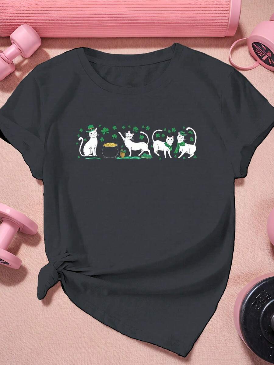 Camiseta Deportiva de Manga Corta para Mujer, Talla Grande, con Diseño de Gato para el Día de San Patricio - Gris Oscuro - Ver 1