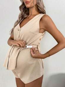 Set casual de 2 piezas de top con escote en V y botones delanteros con abertura y shorts para maternidad - Caqui - Ver 7