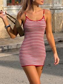 Women's Vacation Style Bohemian Red & White Striped Fitted Mini Dress, Sleeveless Spaghetti Strap Backless Sexy Short Tank Sun Dress Beach Summer - Multicolor - View 3