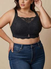 Plus Size Underwire-Free Lace Full Coverage Bra, Push Up And Adjustable, Suitable For Big Breasts, Helps To Reduce, Collect And Prevent Sagging - Black - View 5