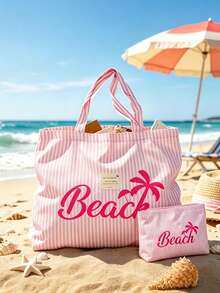 Women's Striped Beach Tote Bag - Large Capacity Printed Tote Bag, Suitable For Travel, Shopping, Vacation, Daily Outings And Summer Trips - Multicolor - View 2