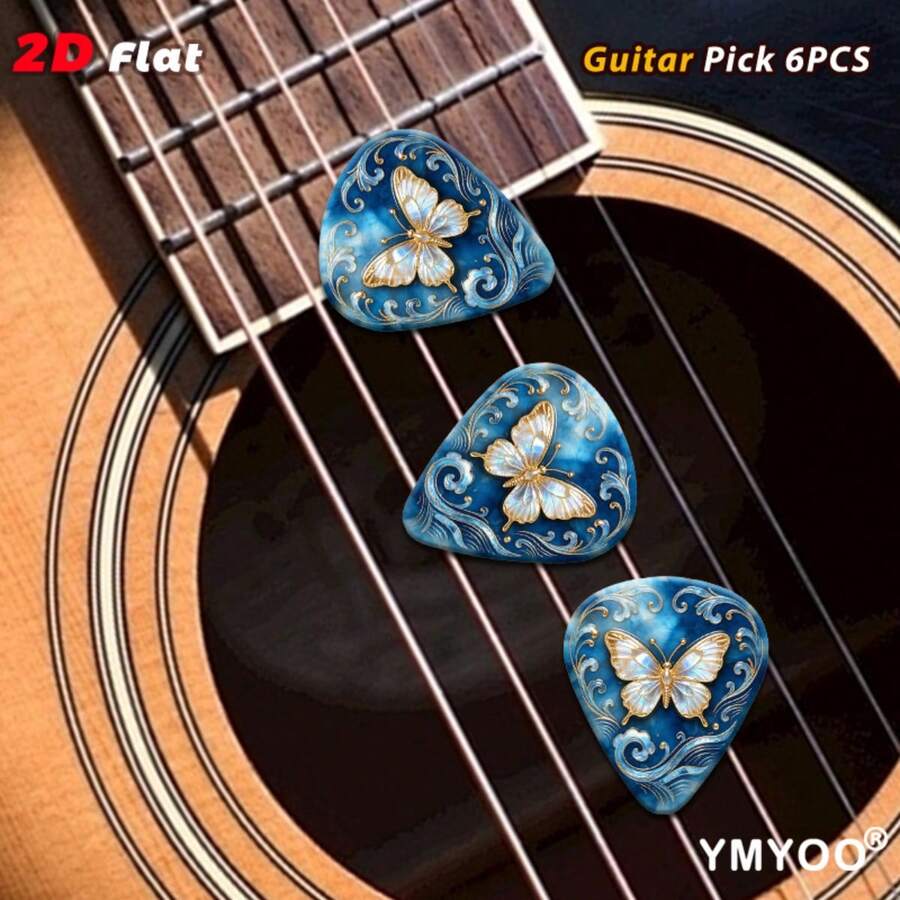 6入 2D 扁平藍色背景金箔蝴蝶與捲軸圖案吉他撥片，藝術花卉印花 ABS 三角撥片，通用民謠與電吉他，適合初學者、專業音樂家、舞台表演及樂器配件 - 彩色 - 查看 1