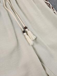 1 pieza Pantalones casuales con bordado retro para adolescentes, pantalones rectos de lino transpirables y holgados, pantalones rectos con cordón de estilo vacacional, primavera/verano - Blanco - Ver 4