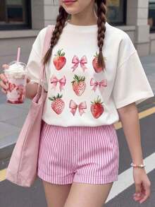 Short-Sleeved T-Shirt With Round Neck And Hawaiian Floral And Letter Print For Girls, Casual And Modern Style, Ideal For Everyday Outings And Holidays, Hawaiian T-Shirt For The - 灰色 - 查看 1