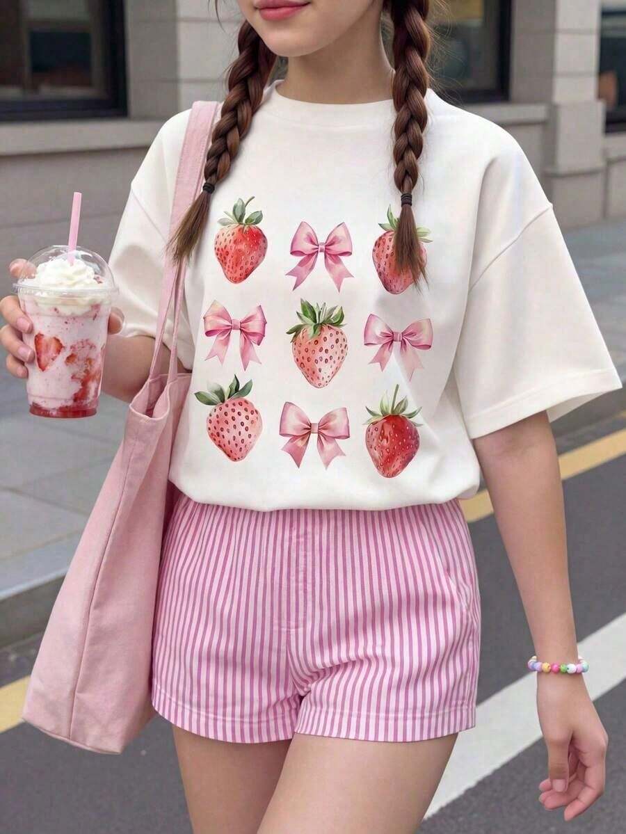 Short-Sleeved T-Shirt With Round Neck And Hawaiian Floral And Letter Print For Girls, Casual And Modern Style, Ideal For Everyday Outings And Holidays, Hawaiian T-Shirt For The - 灰色 - 查看 1
