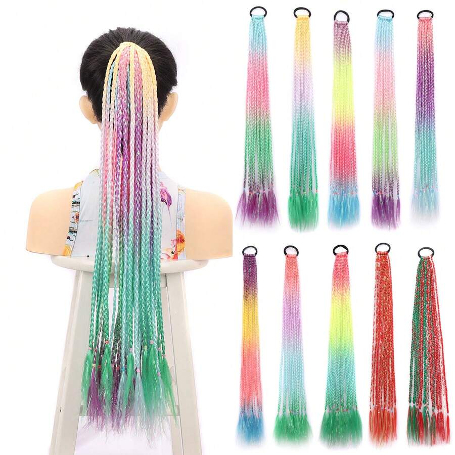 風レーザー金糸入りドレッドポニーテールウィッグ、女性用化繊ヘアバンドウィッグ、グラデーションカラーの12本の小さな三つ編み