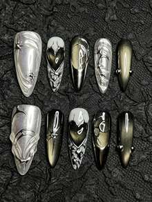 10 Peças Conjunto de Arte de Unhas Vintage de Luxo Feito à Mão, Unhas Postiças Usáveis, Arte de Unhas Y2K, Ferramentas de Unhas, Conjunto de Unhas, Acessórios de Unhas, Decoração de Unhas, Arte de Unhas de Verão, Arte de Unhas, Presente para Mulheres, Adequado para Uso Diário e Festas de Meninas e Mulheres, Unhas Postiças Feitas à Mão - Multicolorido - Visão 12
