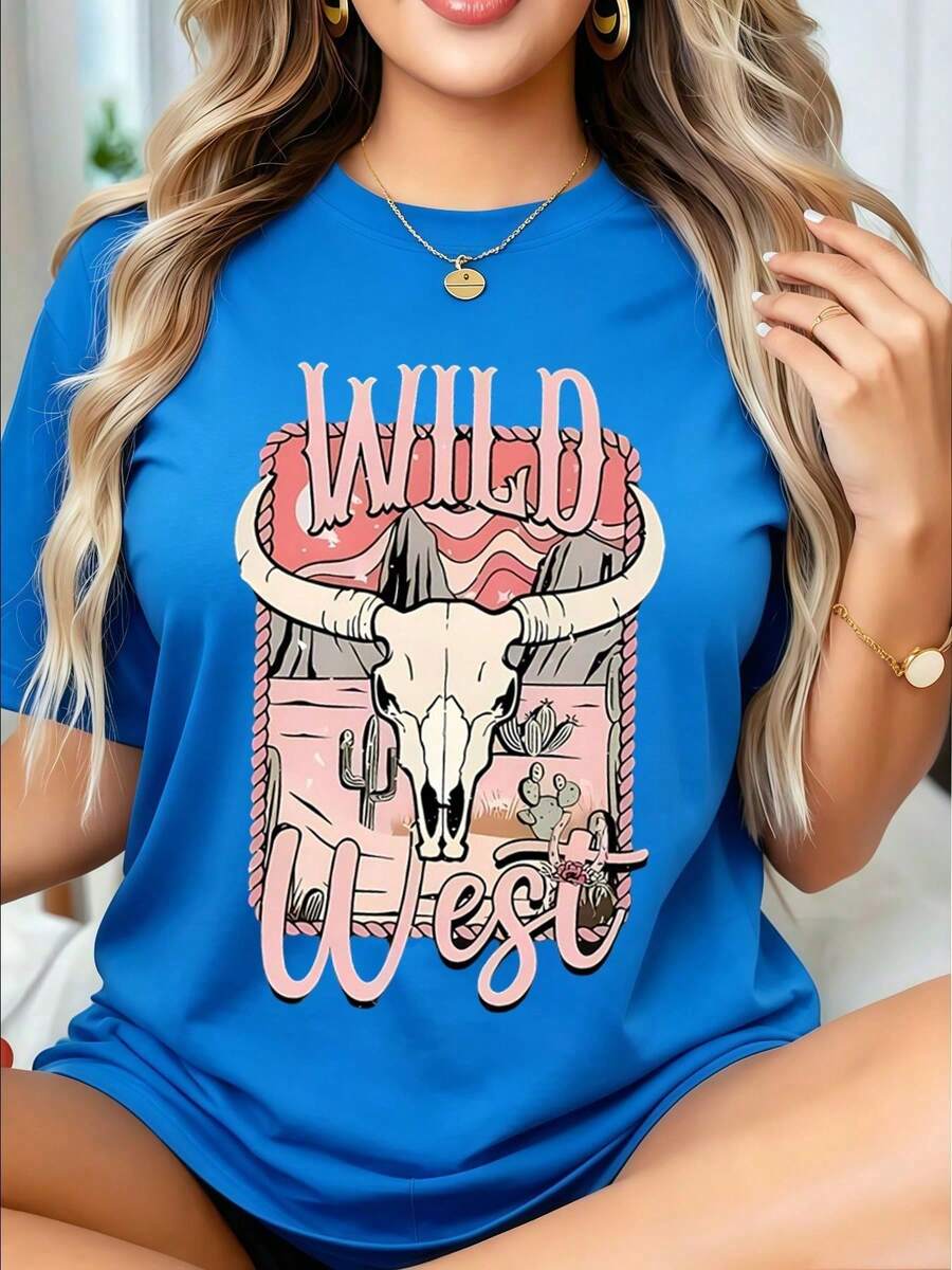 Women's Wild West Bull Skull Graphic T-Shirt, Western Casual Style, Desert Landscape Print, Short Sleeve, Casual Blouses For Ladies - 藍色 - 查看 1
