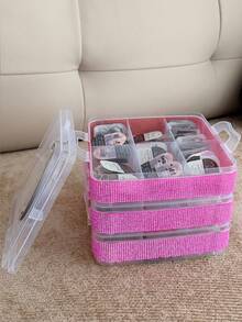 Rhinestone Decorated 3-Layer 18-Compartment Detachable Handheld Storage Box, Hardware Tool Organizer, Contact Lens Storage Case - Multicolor - View 7