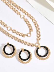3pcs European & American Metal Style Necklace + Earring Jewelry Set For Women, Fashion Color Block Geometric Hollow Round Pendant, Double Layer Chain Collar Necklace, Exaggerated Large Heart-Shaped Earrings, Party Holiday Premium Gift Accessories - Golden - View 4