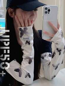 1 Pair Lightweight Breathable Soft Color Butterfly Pattern Sun Arm Sleeves, With Tag-Style Soft Cooling Arm Guards, Fashionable UV Protection Arm Covers, Suitable For Beach Travel And Daily Wear - Multicolor - View 1