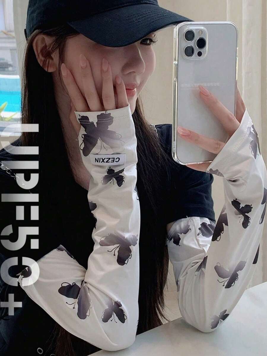 1 Pair Lightweight Breathable Soft Color Butterfly Pattern Sun Arm Sleeves, With Tag-Style Soft Cooling Arm Guards, Fashionable UV Protection Arm Covers, Suitable For Beach Travel And Daily Wear - Multicolor - View 1