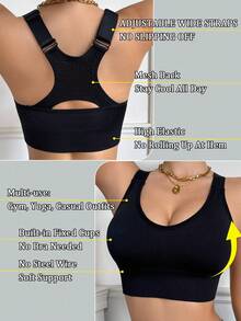 Adjustable Support Racerback Women's Sports Bra, Zero‑Bounce For Running & HIIT, Removable Pads, High Support For Large Bust, For Gym Jogging Training - Black - View 3