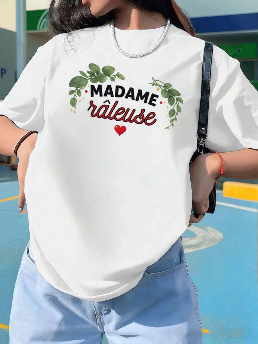 Camiseta Gráfica Madame Raleuse de Algodón Premium, Corte Relajado, Estilo Street Hip-Hop, Cómoda, Impresión Artística - Blanco - Ver 1