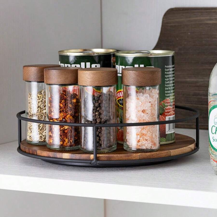 1PC Multifunctional Solid Wood Susan Storage Rack Steel Round Tray Organizer Rotating Turntable For Desktop Condiment Bottles Jars Makeup Tray Suitable For Kitchen Storage, Home Storage, Bedroom Storage - View 1
