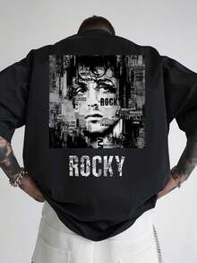 eño icónico de la cara de Rocky Balboa y letras, camiseta casual de cuello redondo y manga corta para el verano, para el gimnasio, atuendo casual y eventos temáticos (lavable a máquina) TBFN - Negro - Ver 1