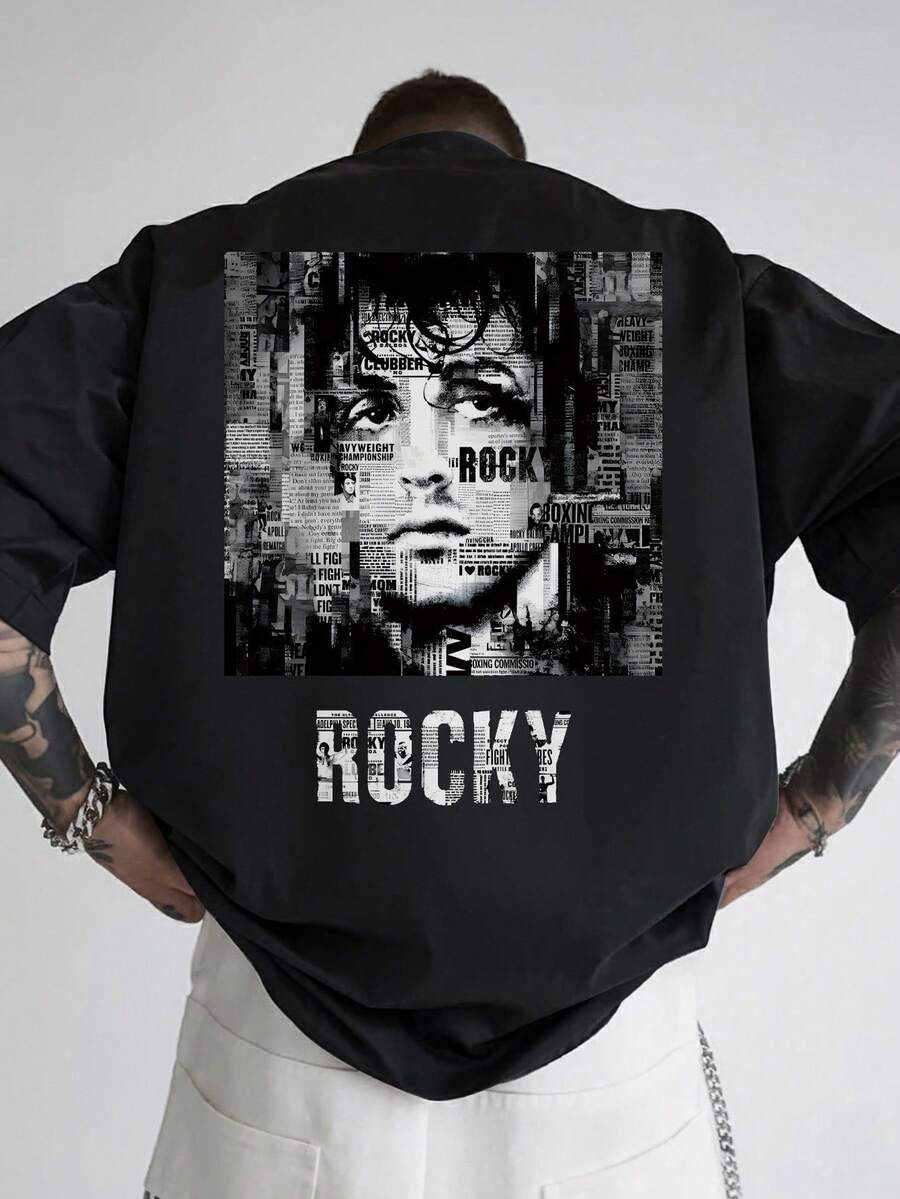 eño icónico de la cara de Rocky Balboa y letras, camiseta casual de cuello redondo y manga corta para el verano, para el gimnasio, atuendo casual y eventos temáticos (lavable a máquina) TBFN - Negro - Ver 1
