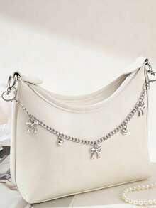 1pc Bowknot Pattern Handbag Chain Accessory, White Bowknot Pendant Handbag Extension Chain, Decorative And Replaceable Metal Bag Chain, Fashion Pendant, Beach Vacation Style, Bowknot Y2K Kawaii Keychain - Silver - View 3