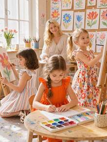 3pcs/Set Multicolor Girls' Floral Print + Striped Print + Solid Color Ribbed Ruffle Cuff Square Neck Dress Set, Perfect For Casual, School, Vacation And Party, Summer Girls' Clothing - Multicolor - View 10