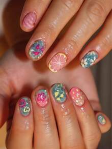 24pcs Short Oval 3D Gel Nail Art & Floral Nail Art, Summer Nails And Ocean Nails With Pearl Decoration, French Tip Design, Includes: 1pc Jelly Glue And 1pc Nail File - Multicolor - View 2
