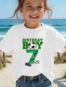Boy's Number 7 Birthday Party T-Shirt, Featuring A "Birthday Boy" Print In Green Lettering, A Casual Short-Sleeved Sporty Style With Stadium Numbers And A Soccer Ball Design. - 白色 - 查看 3