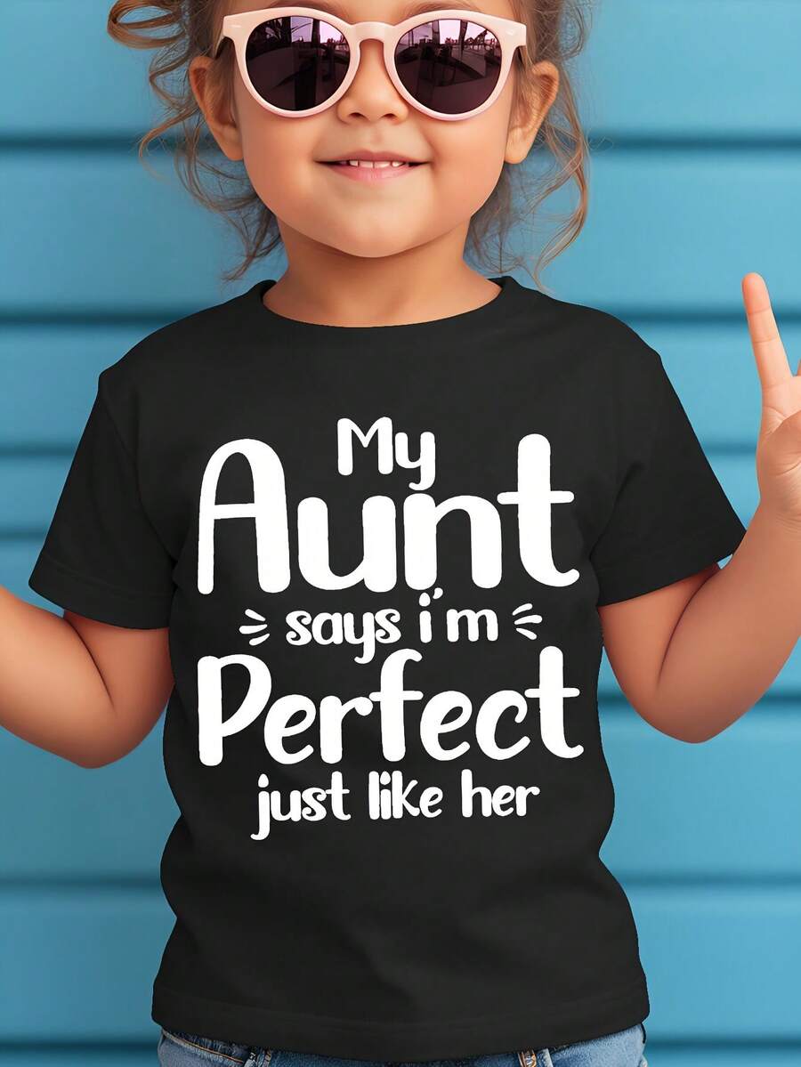 Girl's T-Shirt With Letter Print, Creative, Novel And Fashionable. - 黑色 - 查看 1
