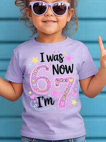 Creative And Sweet T-Shirt For Girls WML With Cartoon Print Of The Number 67 - Purple - View 1