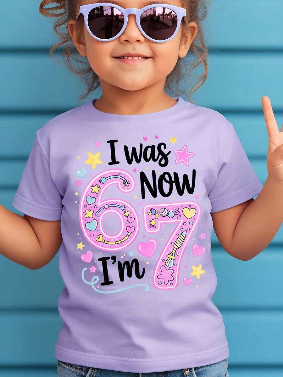 Creative And Sweet T-Shirt For Girls WML With Cartoon Print Of The Number 67 - Purple - View 1