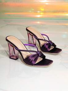 1 Pair Elegant Open Toe Women's High Heel Sandals With Rhinestone Strap, Solid Color Evening Party Shoes, Crystal Heel, Chunky Heel, Slip-On Wedding Sandals For Summer - Purple - View 7