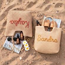 Customized Name Straw Tote Bag, Personalized Summer Beach Vacation Shoulder Handbag, Large Capacity Travel Bag, Bridesmaid Gift - Multicolor - View 7