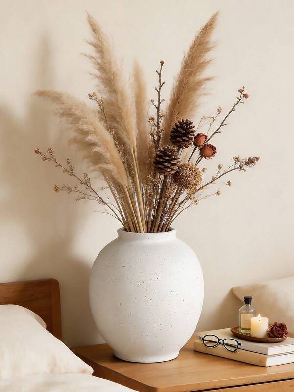 White Ceramic Vase, 5.7 Inch Large, Round, Sandstone White | Farmhouse Style, Handcrafted Texture, Minimalist Design, Home Decor