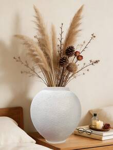 White Ceramic Vase, 5.7-Inch Large, Round, Sandstone White | Farmhouse Style, Handcrafted Texture, Minimalist Design, Home Decor. - A - View 9