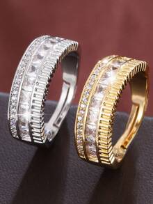 1pc Fashionable Double-Row Square Open Ring For Women, Gear Texture Wide Adjustable Finger Ring, Luxury High-End Banquet Layering Index Finger Jewelry - ring - View 5