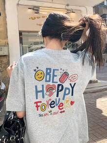 Kaos Wanita Kasual Longgar Leher Bulat Lengan Pendek Motif Huruf & Kartun Gaya Y2K, Serbaguna untuk Musim Semi/Panas - Abu-abu muda - View 1