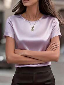Elegant Women's Plain-Colored Fitted T-Shirt, Formal For The Office - 淺紫色 - 查看 4