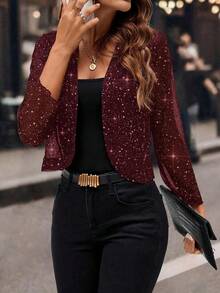 Women's Glitter Sequin Cardigan Jacket, Pleated Fabric With Gold Foil, 3/4 Sleeves, Business Casual For Women - 酒紅色 - 查看 6