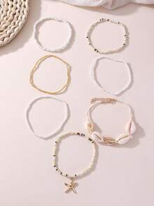 NAIZHU 7pcs Bohemian Ocean Style Starfish Shell Multi-Layer Beaded Anklet Set, Women's Vacation Style, Random Color - Multicolor - View 3