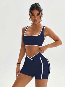 女款瑜伽拼色運動套裝，健身緊身褲2件套，運動服飾，黑色運動套裝 - 藏蓝色 - 查看 3
