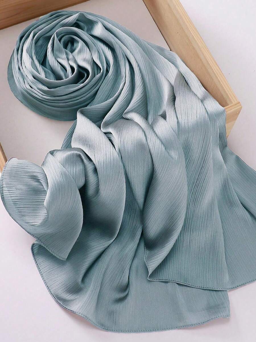 1 Piece Of Solid Color Satin Headscarf With Natural Crinkle Texture For Women. - 薄荷藍 - 查看 1